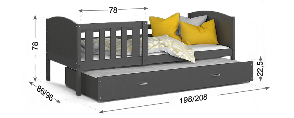 Detská posteľ TAMI P2 90x200 cm so šedou konštrukciou v zelenej farbe s prístelkou