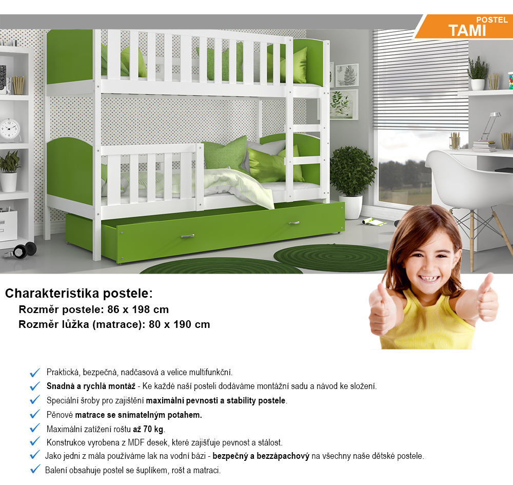 Dětská patrová postel TAMI 80x190 cm s bílou konstrukcí v zelené barvě