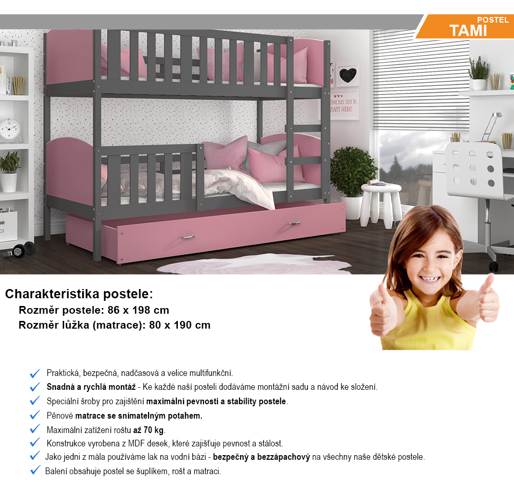 Dětská patrová postel TAMI 80x190 cm s šedou konstrukcí v růžové barvě