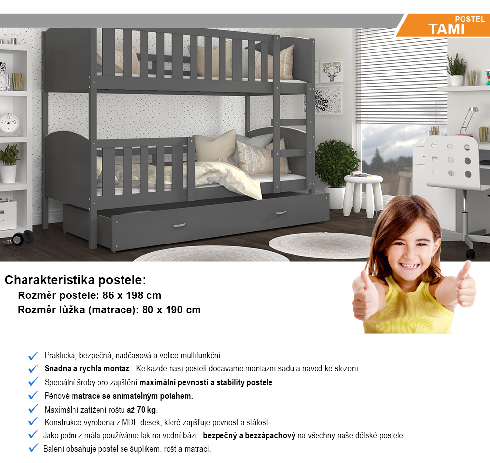 Detská poschodová posteľ TAMI 80x190 cm so šedou konštrukciou v šedej farbe
