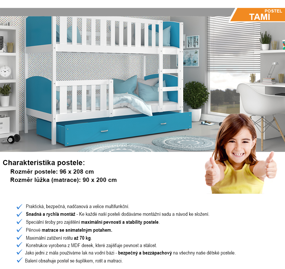 Detská poschodová posteľ TAMI 90x200 cm s bielou konštrukciou v modrej farbe