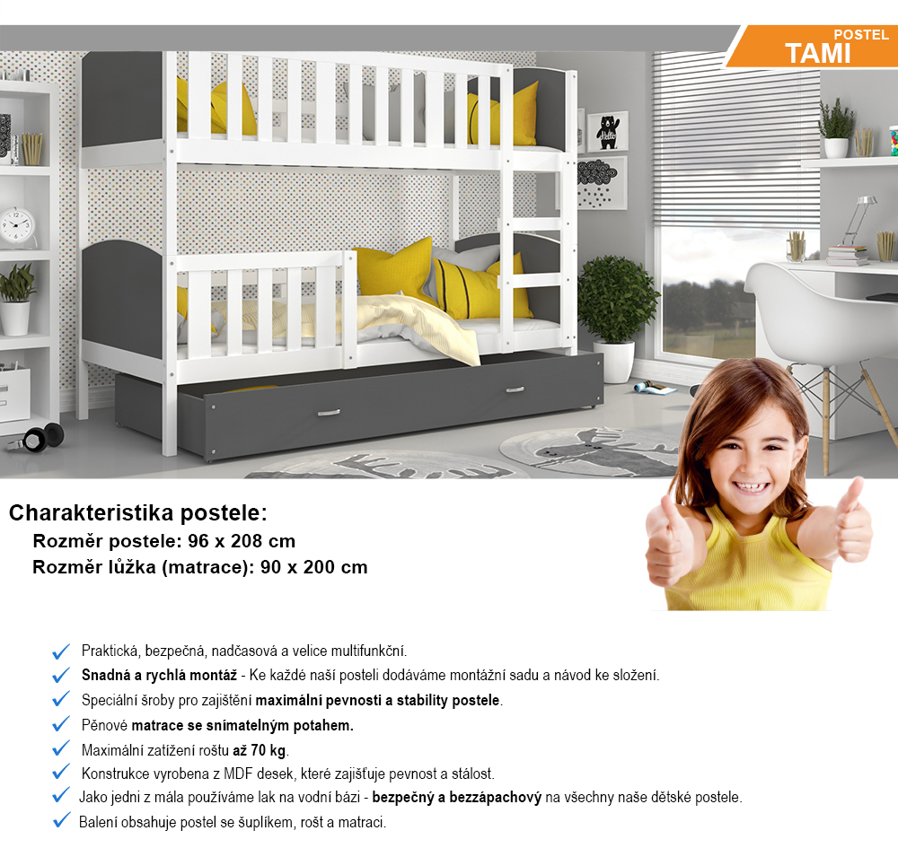 Dětská patrová postel TAMI 90x200 cm s bílou konstrukcí v šedé barvě