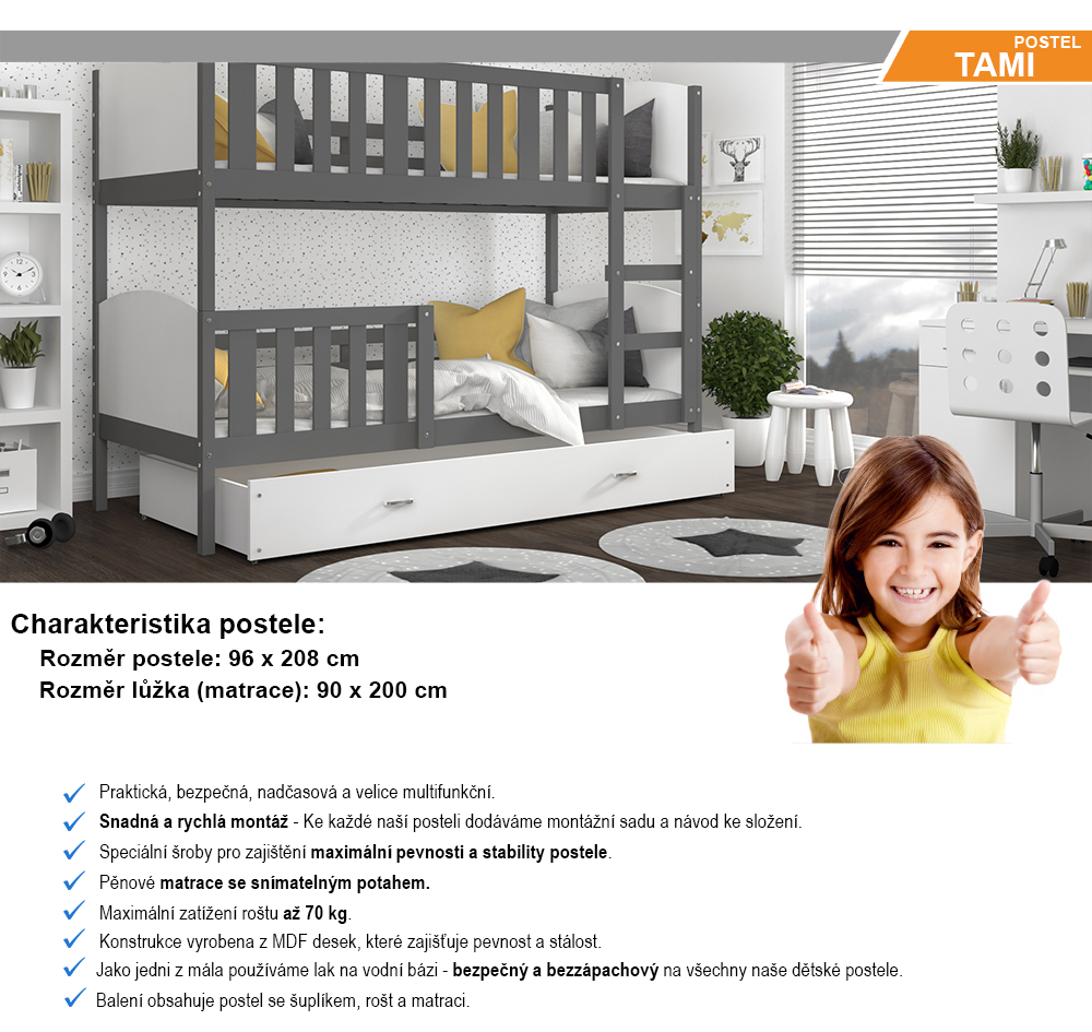 Dětská patrová postel TAMI 90x200 cm s šedou konstrukcí v bílé barvě