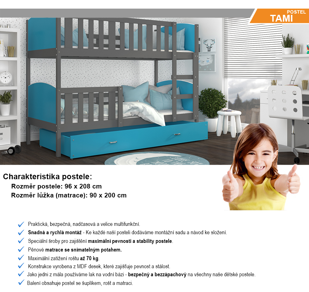 Dětská patrová postel TAMI 90x200 cm s šedou konstrukcí v modré barvě