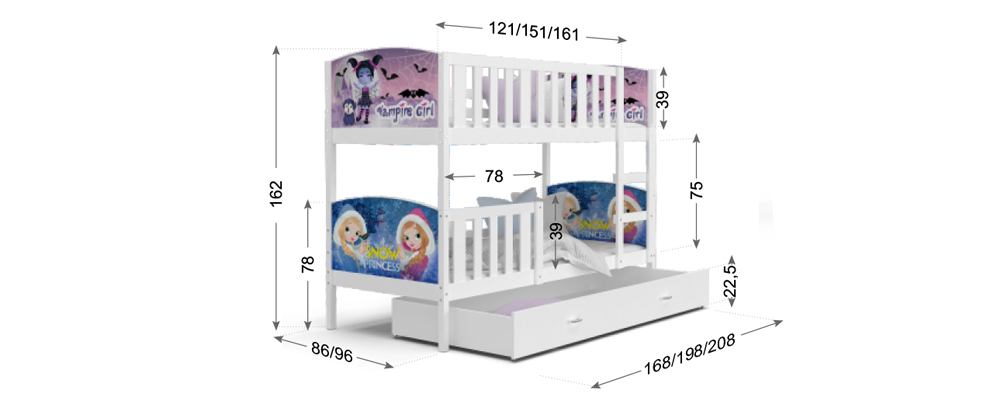 Detská poschodová posteľ TAMI 90x200 cm so šedou konštrukciou v šedej farbe
