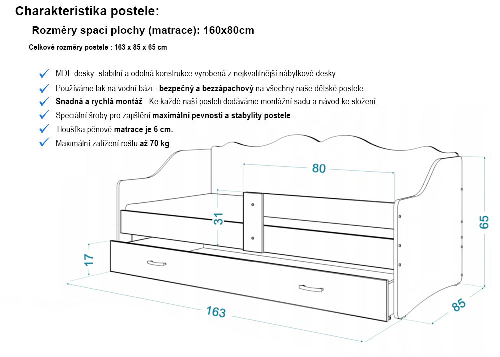 Dětská jednolůžková postel LILI bílá VZOR malá doktorka 80x160