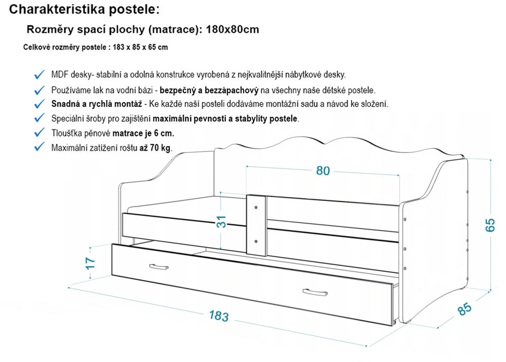 Dětská jednolůžková postel LILI bílá VZOR pejsci 80x180