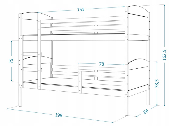 Dětská patrová postel Matyas 190x80 bez šuplíku BOROVICE-MODRÁ