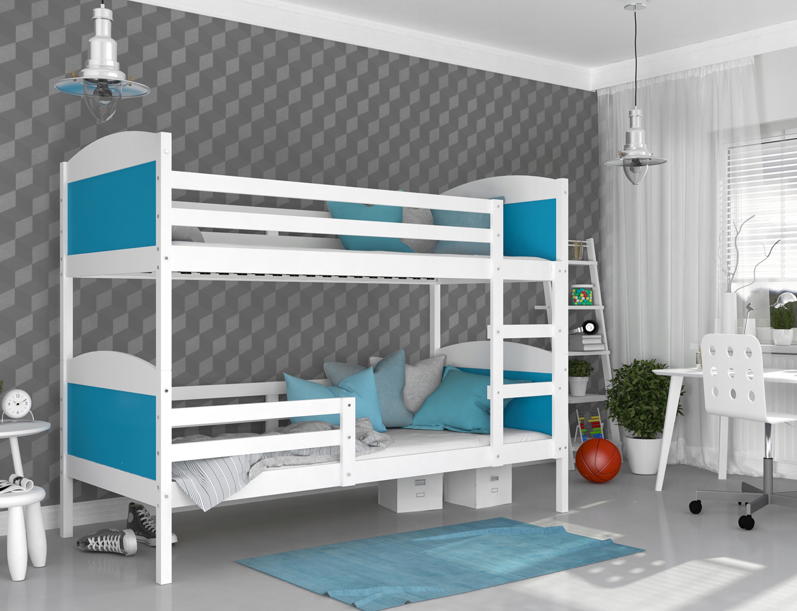 Dětská patrová postel Matyas 190x80 bez šuplíku BÍLÁ-MODRÁ