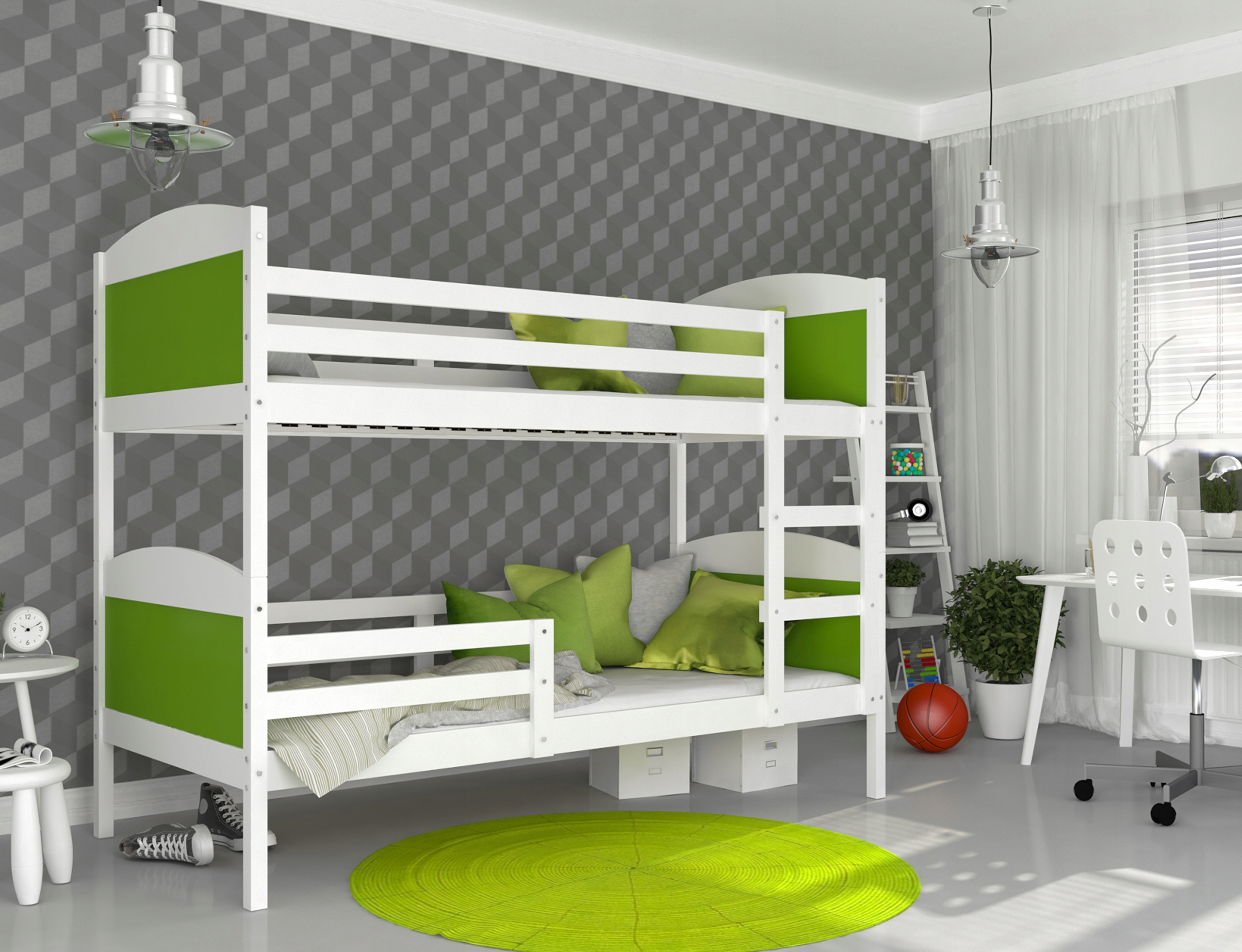 Detská poschodová posteľ Matyas 190x80 bez šuplíka BIELA-ZELENÁ