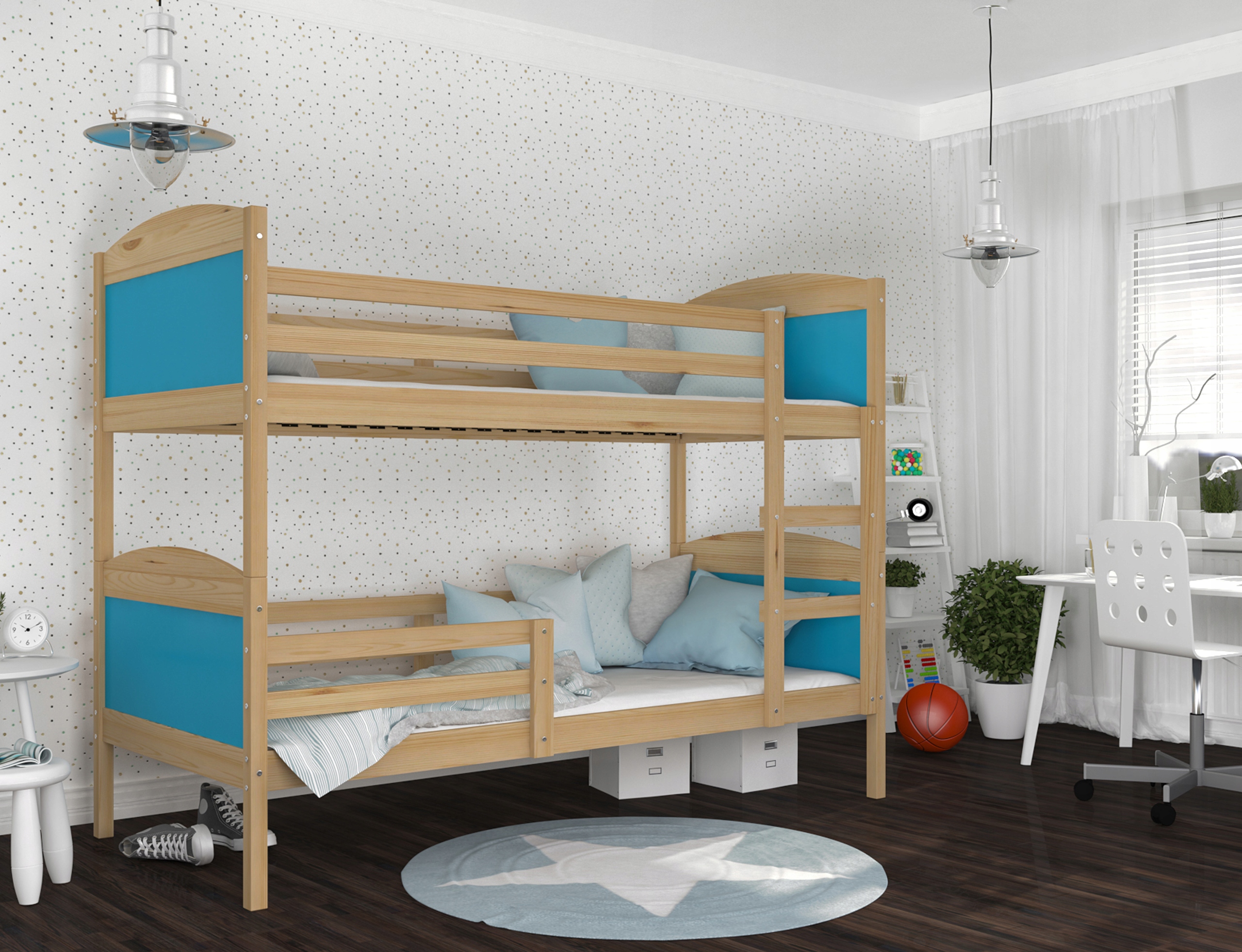 Detská poschodová posteľ Matyas 190x80 bez šuplíka BOROVICA-MODRÁ
