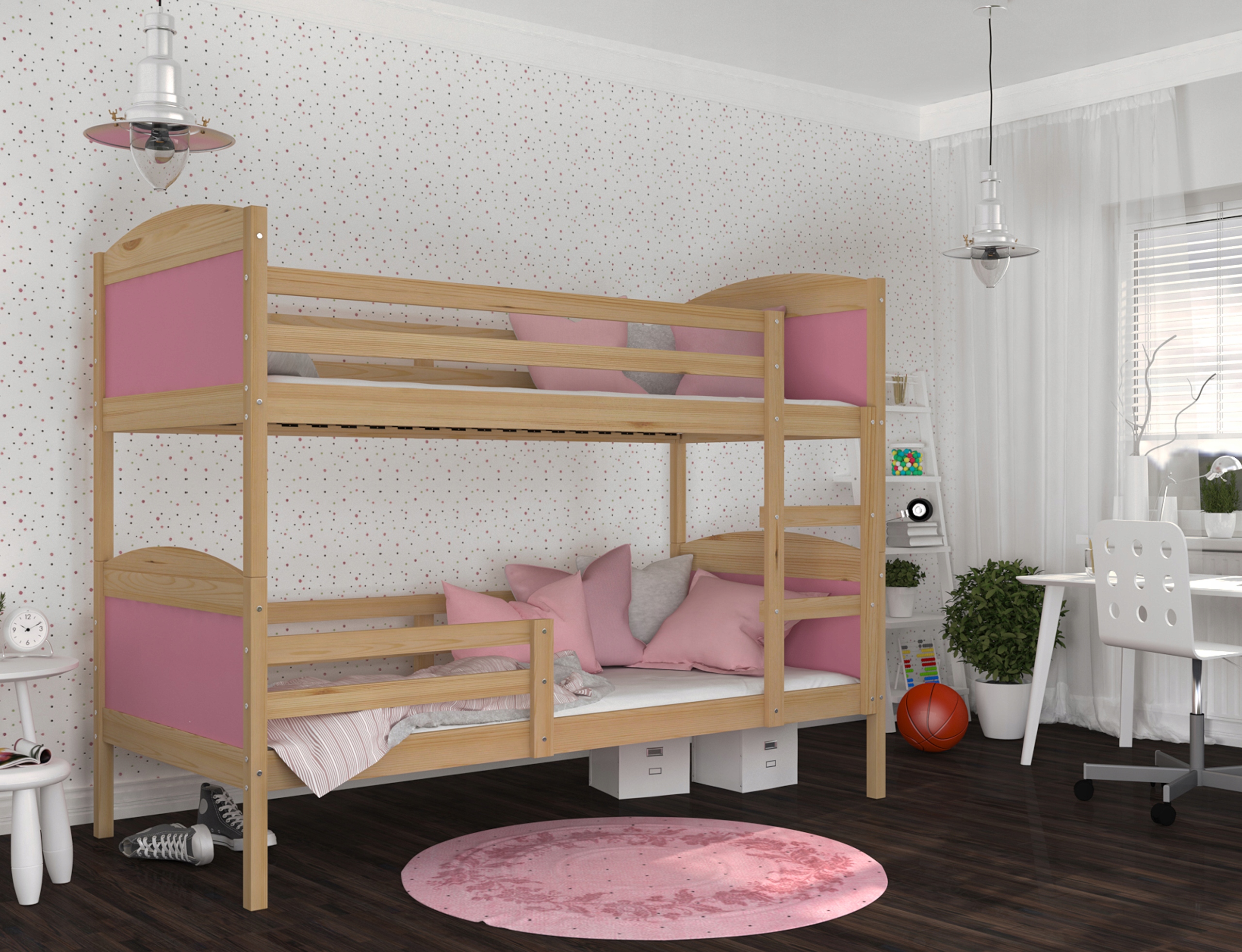 Dětská patrová postel Matyas 200x90 bez šuplíku BOROVICE-RŮŽOVÁ