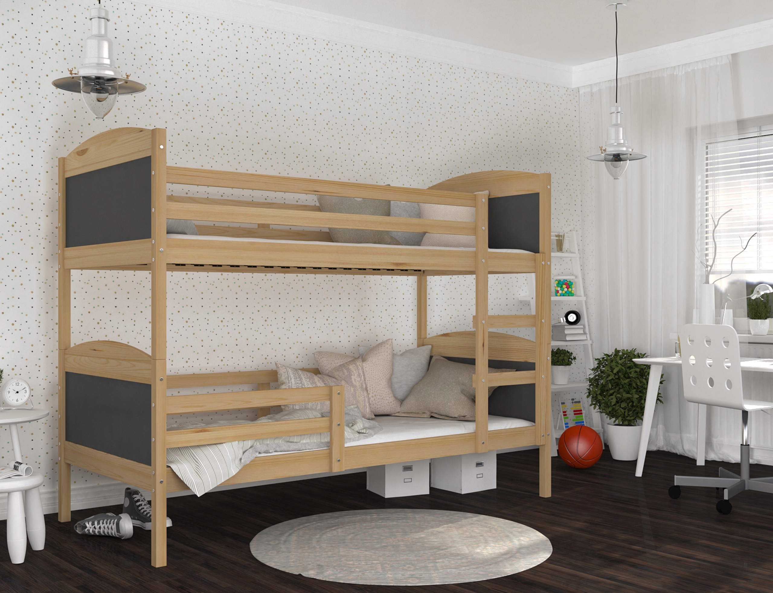 Detská poschodová posteľ Matyas 200x90 bez šuplíka BOROVICA-SIVÁ