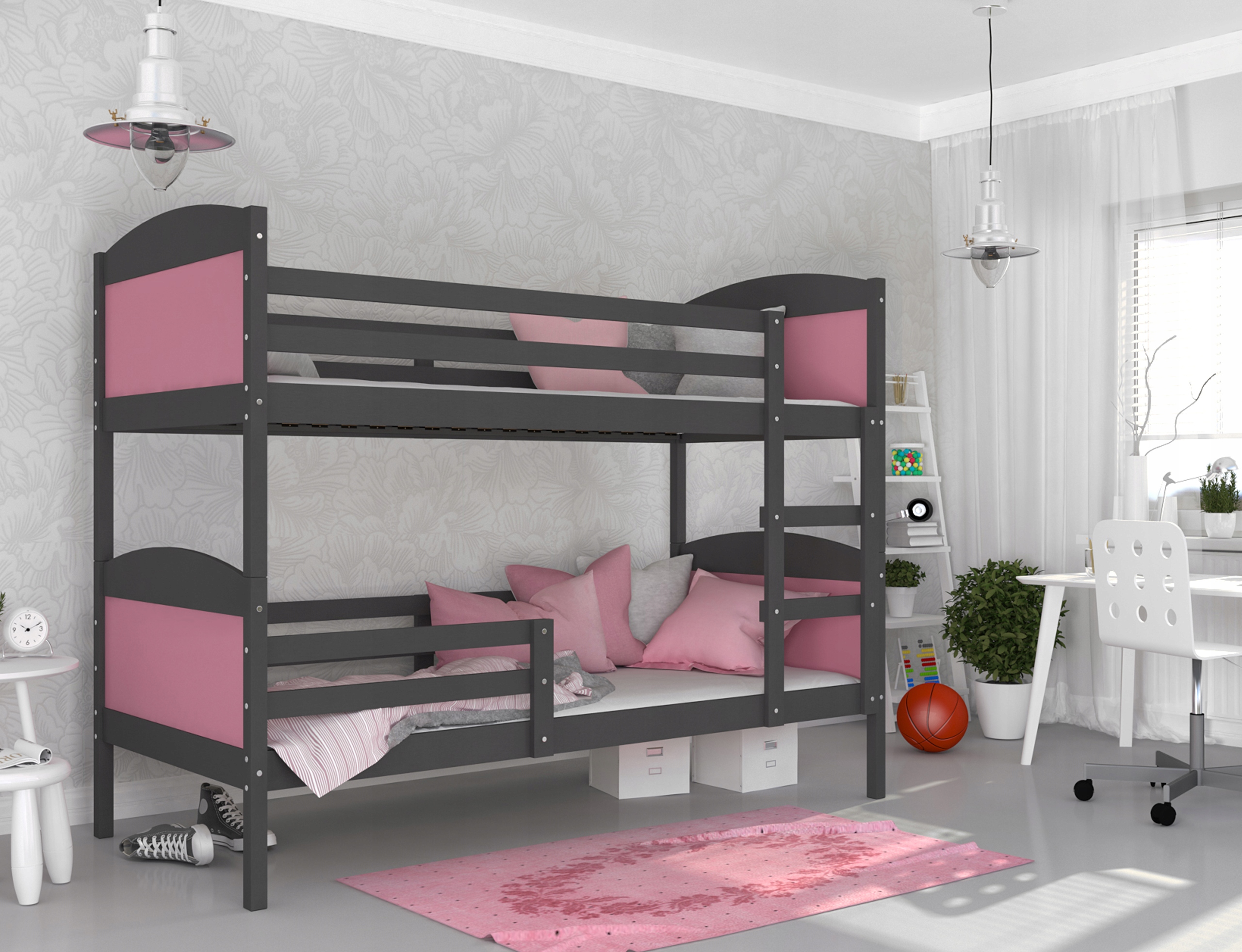 Detská poschodová posteľ Matyas 190x80 bez šuplíka SIVÁ-RUŽOVÁ