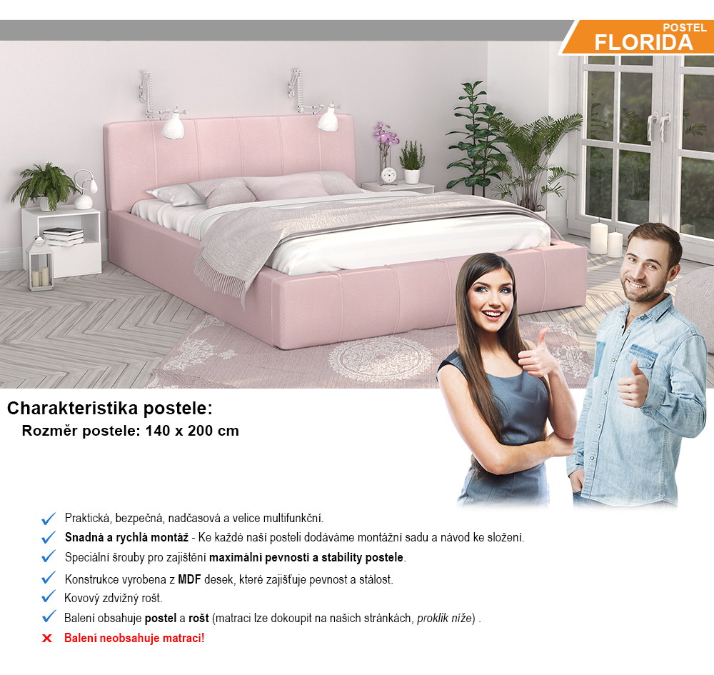 Luxusní postel FLORIDA 140x200 s kovovým zdvižným roštem RŮŽOVA