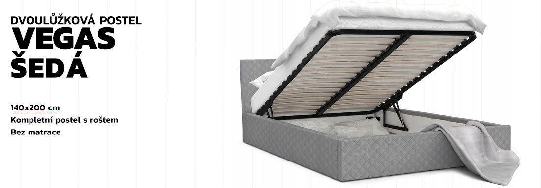 Luxusní manželská postel VEGAS šedá 140x200 z eko kůže s kovovým roštem