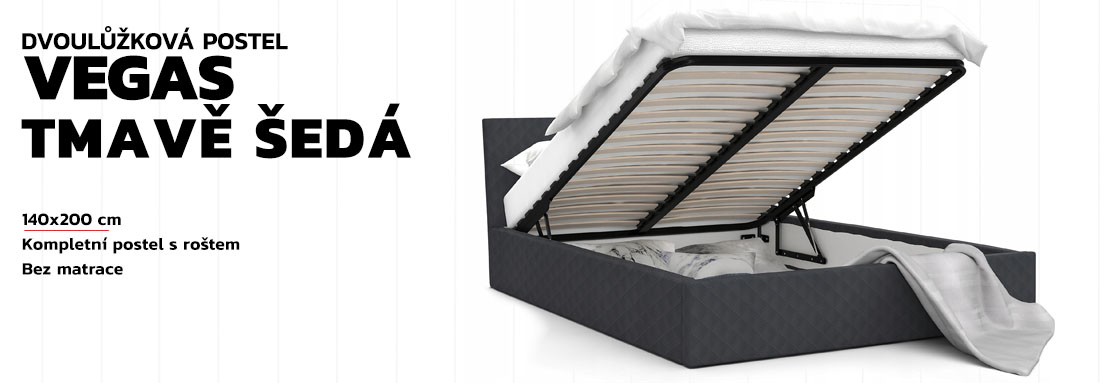 Luxusní manželská postel VEGAS tmavě šedá 140x200 z eko kůže s kovovým roštem