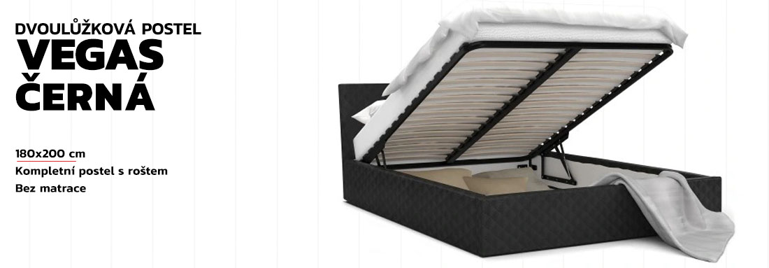 Luxusní manželská postel VEGAS černá 180x200 z eko kůže s kovovým roštem