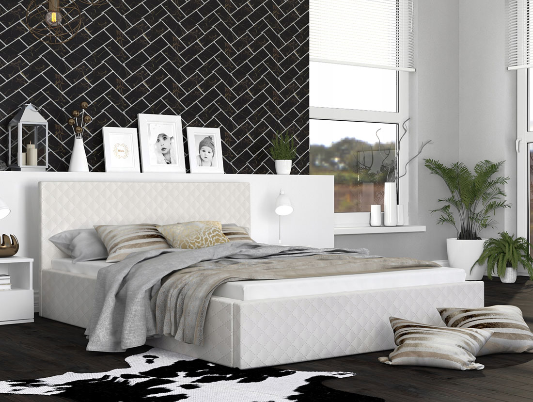 Luxusní manželská postel VEGAS bílá 160x200 z eko kůže s kovovým roštem