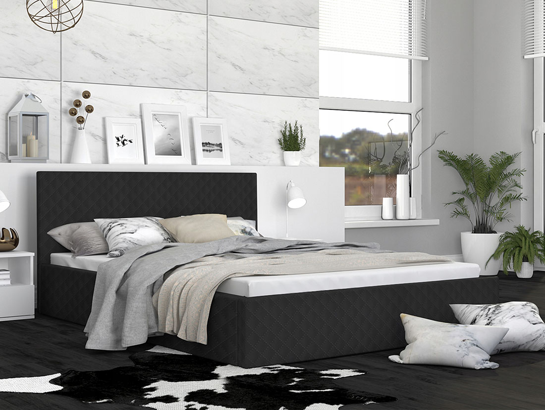Luxusní manželská postel VEGAS černá 180x200 z eko kůže s kovovým roštem