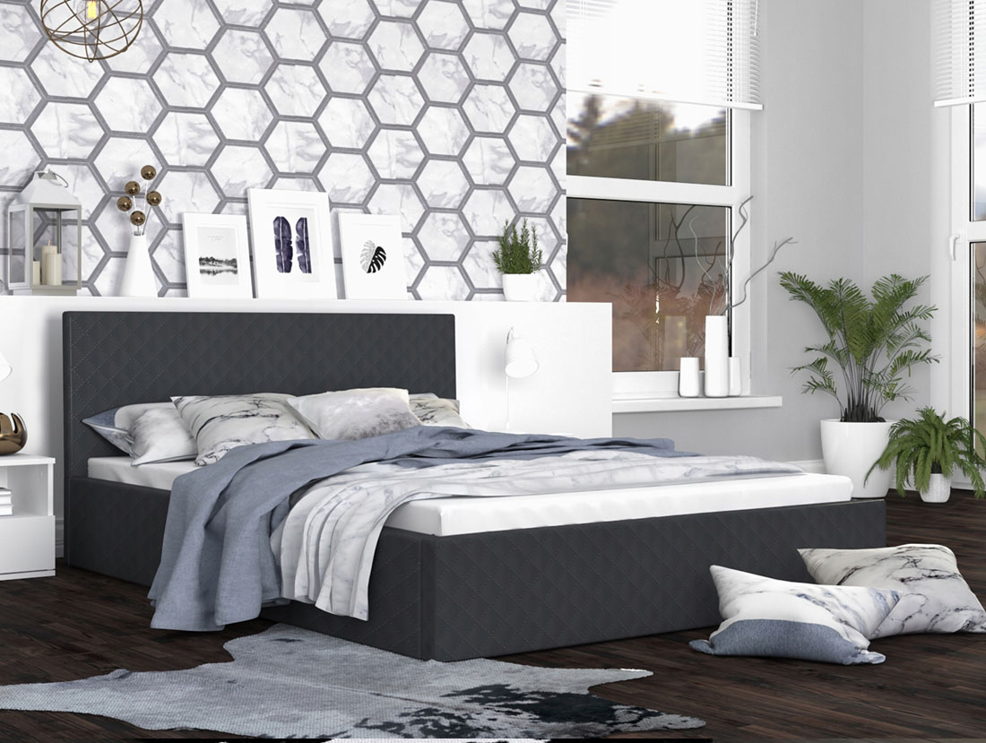 Luxusní manželská postel VEGAS tmavě šedá 180x200 z eko kůže s kovovým roštem