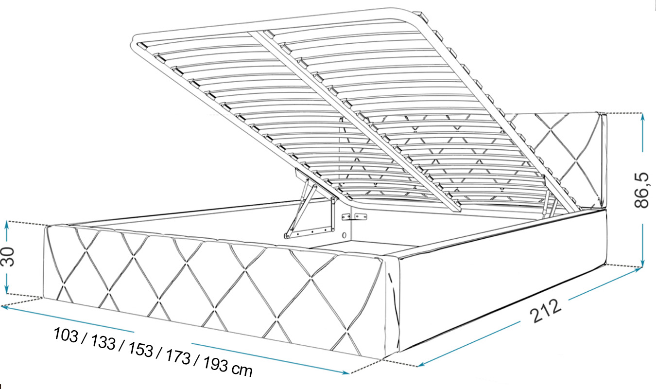 Luxusní postel CARO 90x200 s kovovým zdvižným roštem BÍLÁ