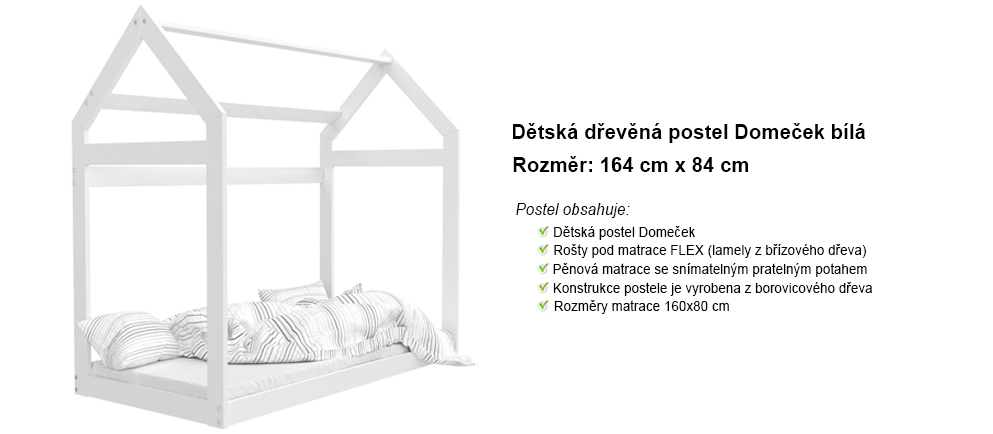 Dětská dřevěná postel Domeček 160x80 cm bílá