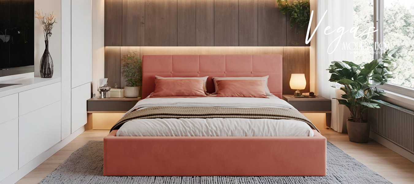 Luxusní manželská postel VEGAS 1 salmon 140x200 z paris dřevěným roštem