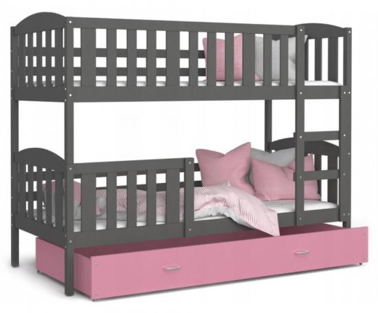 Dětská patrová postel KUBU 190x80 cm ŠEDÁ RŮŽOVÁ