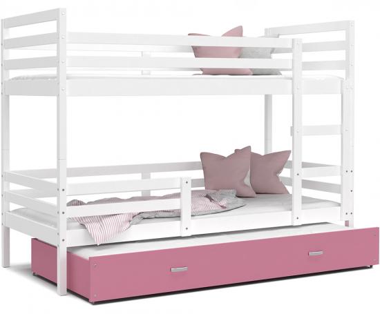 Dětská patrová postel s přistýlkou JACEK 3 200x90 cm BÍLÁ-RŮŽOVÁ