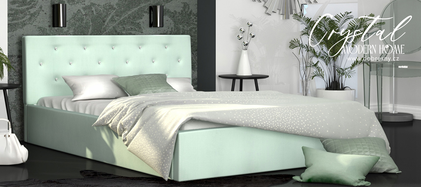 Luxusní manželská postel CRYSTAL mátová 180x200 s dřevěným roštem
