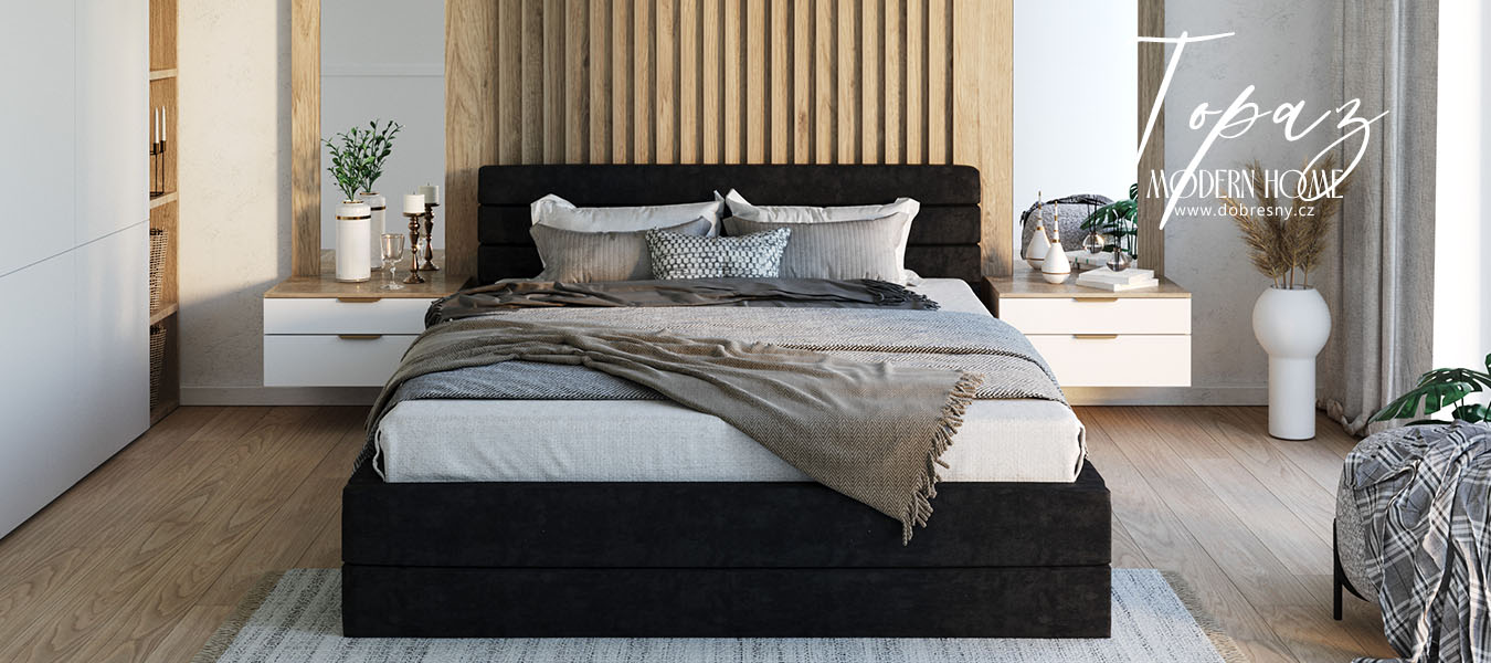 Luxusní manželská postel TOPAZ černá 180x200 z eko kůže s kovovým roštem