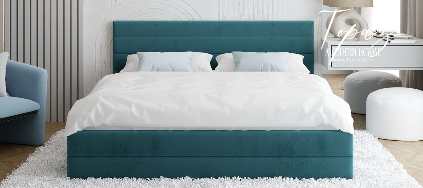 Luxusní manželská postel TOPAZ tyrkysová 180x200 semiš s kovovým roštem