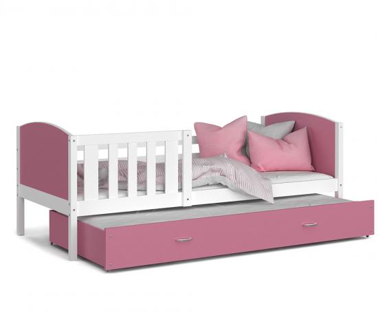 Dětská postel TAMI P2 80x190 cm s bílou konstrukcí v růžové barvě s přistýlkou