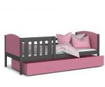 Dětská postel TAMI P 80x190 cm s šedou konstrukcí v růžové barvě se šuplíkem