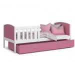 Dětská postel TAMI P 90x200 cm s bílou konstrukcí v růžové barvě se šuplíkem