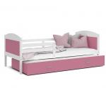 Dětská postel MATYAS P2 90x200 cm s bílou konstrukcí v růžové barvě s přistýlkou