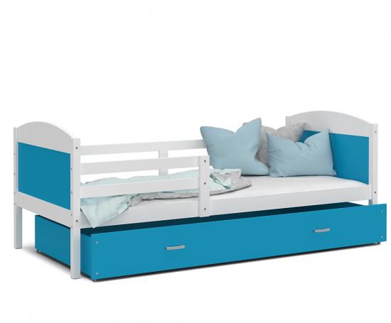 Dětská postel MATYAS P 80x160 cm s bílou konstrukcí v modré barvě se šuplíkem.