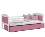 Dětská postel MATYAS P 80x160 cm s bílou konstrukcí v růžové barvě se šuplíkem.