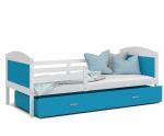 Dětská postel MATYAS P 80x190 cm s bílou konstrukcí v modré barvě se šuplíkem.