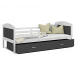 Dětská postel MATYAS P 80x190 cm s bílou konstrukcí v šedé barvě se šuplíkem.