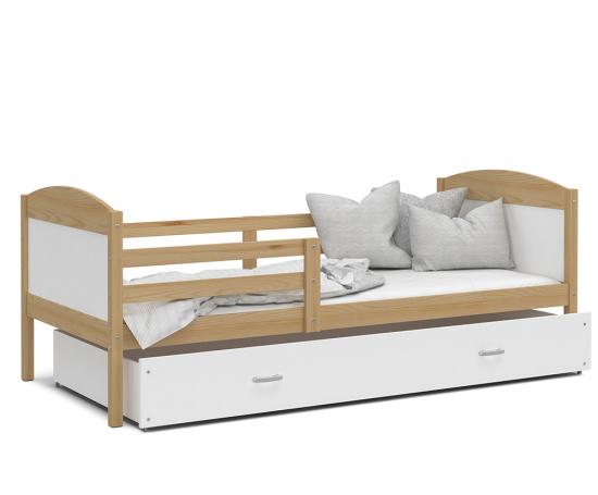 Dětská postel MATYAS P 80x190 cm s borovicovou konstrukcí v bílé barvě se šuplíkem.