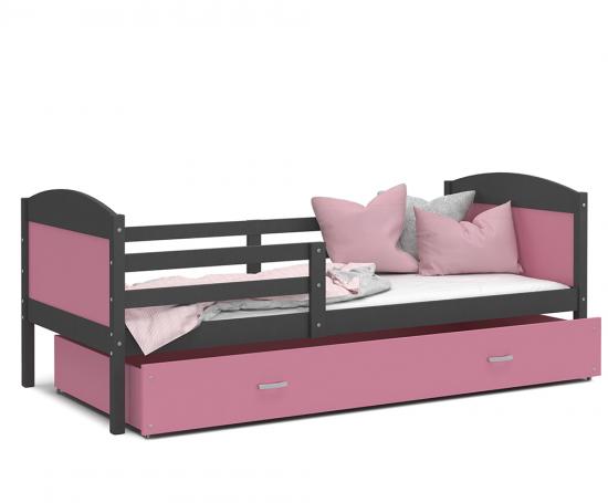 Dětská postel MATYAS P 80x190 cm s šedou konstrukcí v růžové barvě se šuplíkem.
