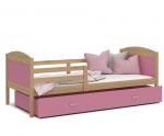 Dětská postel MATYAS P 90x200 cm s borovicovou konstrukcí v růžové barvě se šuplíkem.