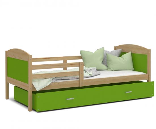 Dětská postel MATYAS P 90x200 cm s borovicovou konstrukcí v zelené barvě se šuplíkem.