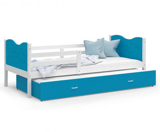 Dětská postel MAX P2 80x190 cm s bílou konstrukcí v modré barvě s motivem vláčku
