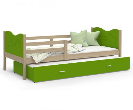 Dětská postel MAX P2 80x190 cm s borovicovou konstrukcí v zelené barvě s motivem vláčku