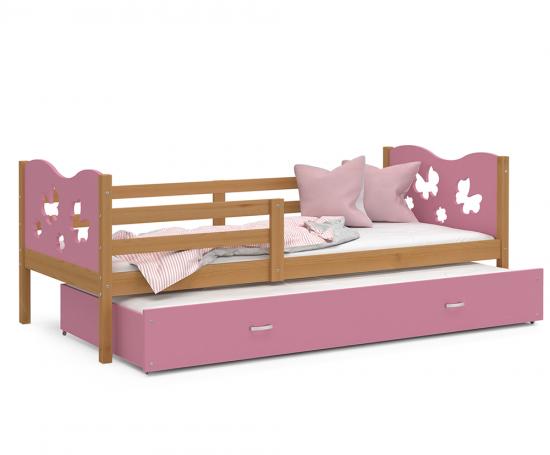 Dětská postel MAX P2 90x200cm s borovicovou konstrukcí v růžové barvě s motivem motýlků