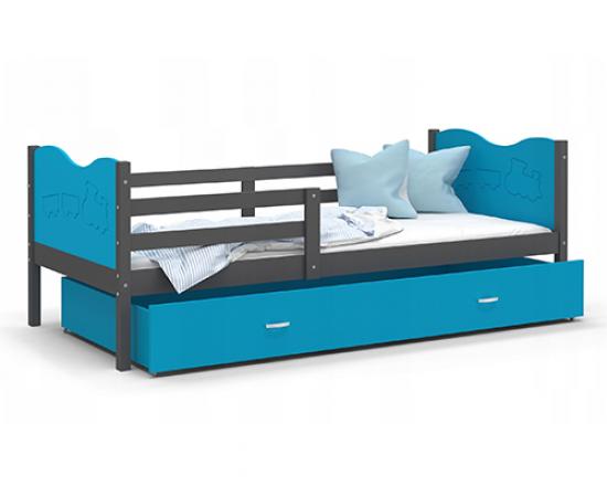 Dětská postel MAX P 80x190cm s šedou konstrukcí v modré barvě s motivem vláčku