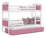 Dětská patrová postel MATYAS 3 80x190 cm s bílou konstrukcí v růžové barvě s přistýlkou